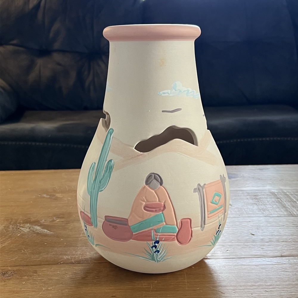 Vintage Southwest Pottery Candle Holder Hand Painted Desert Scene 1992 90s